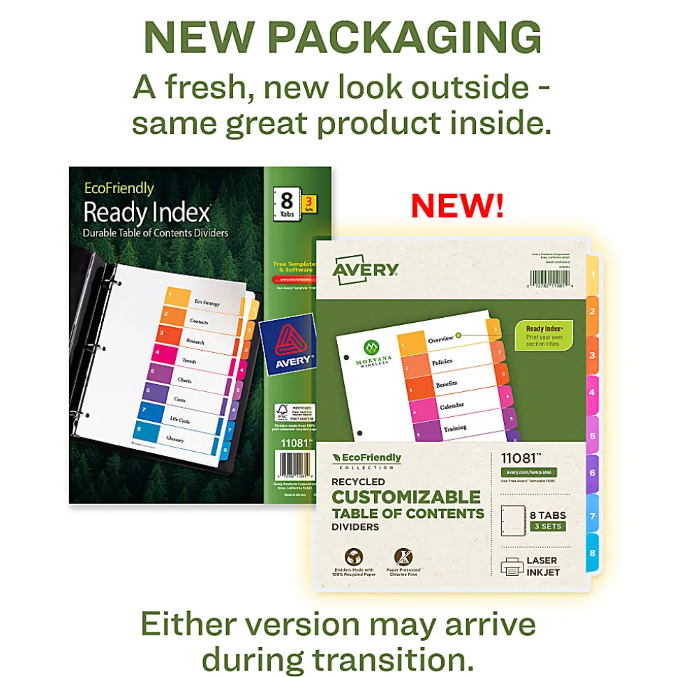 Avery® Ready Index® 1-8 Tabs & Customizable Table Of Contents, Letter Size, White Dividers/Multicolor Tabs, 3 Sets - 11081