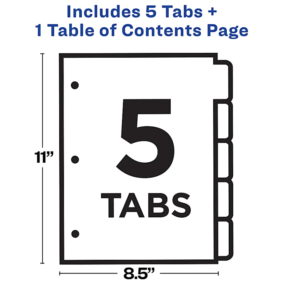 Avery® Ready Index® 1-5 Tab With Customizable Table Of Contents Dividers, Letter Size, 5 Tab, White, 1 Set