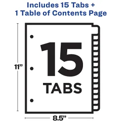 Avery® Ready Index® 1-15 Tab With Customizable Table Of Contents Dividers, Letter Size, 15 Tab, White, 1 Set