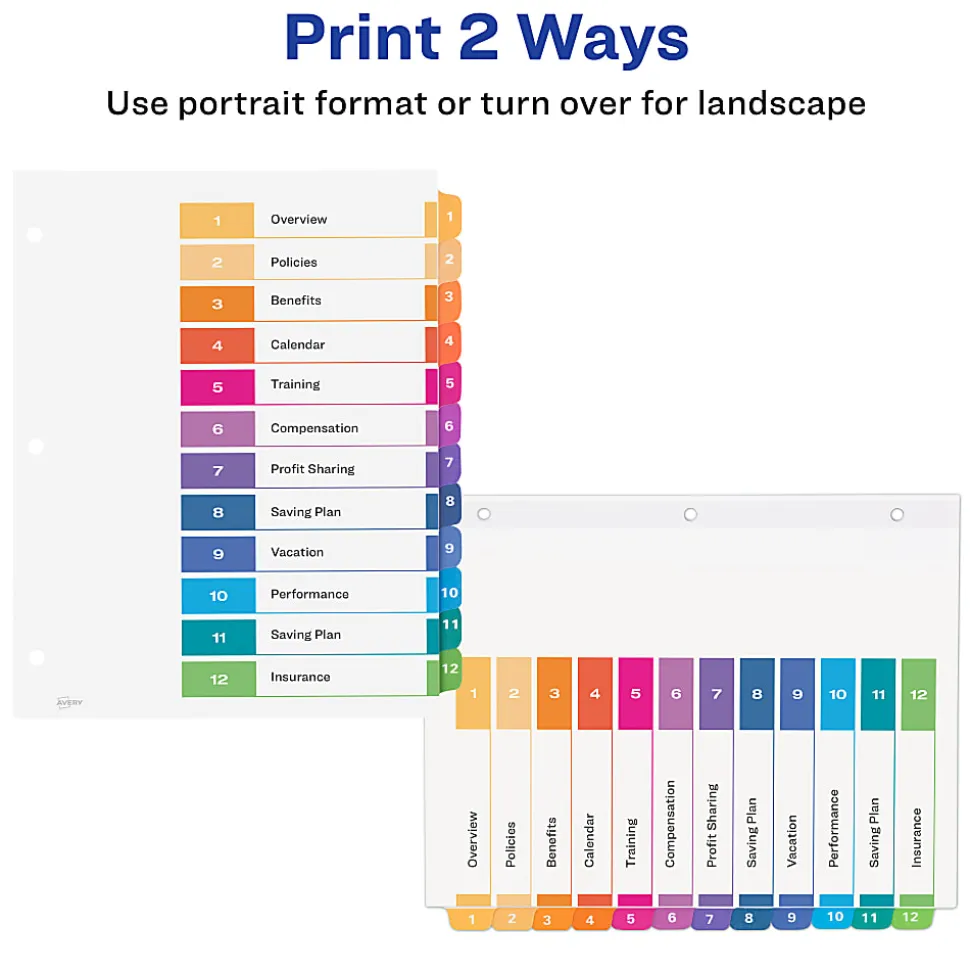 Avery® Ready Index® 1-12 Tab With Customizable Table Of Contents Binder Dividers, 8-1/2" x 11", 12 Tab, Multicolor, 1 Set
