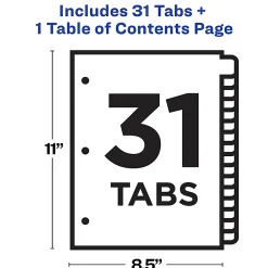 Avery® Ready Index® 1-31 Tab With Customizable Table Of Contents Dividers, Letter Size, 31 Tab, White, 1 Set