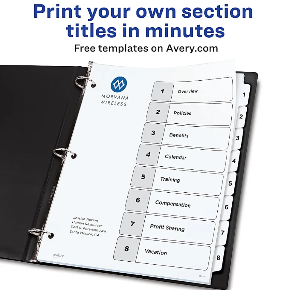 Avery® Ready Index® 1-8 Tab With Customizable Table Of Contents Dividers, Letter Size, 8 Tab, White, 1 Set