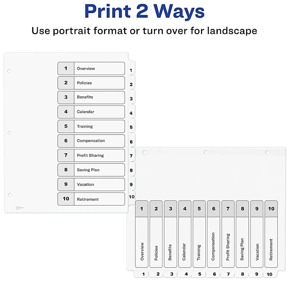 Avery® Ready Index® 1-10 Tab With Customizable Table Of Contents Dividers, Letter Size, 10 Tab, White, 1 Set
