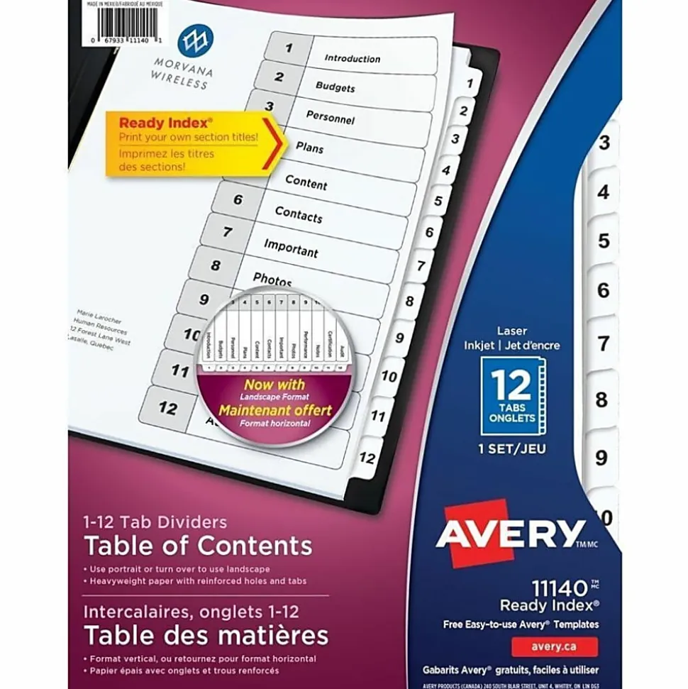 Avery® Ready Index® 1-12 Tab With Customizable Table Of Contents Dividers, Letter Size, White, 1 Set