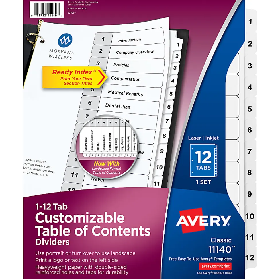 Avery® Ready Index® 1-12 Tab With Customizable Table Of Contents Dividers, Letter Size, White, 1 Set