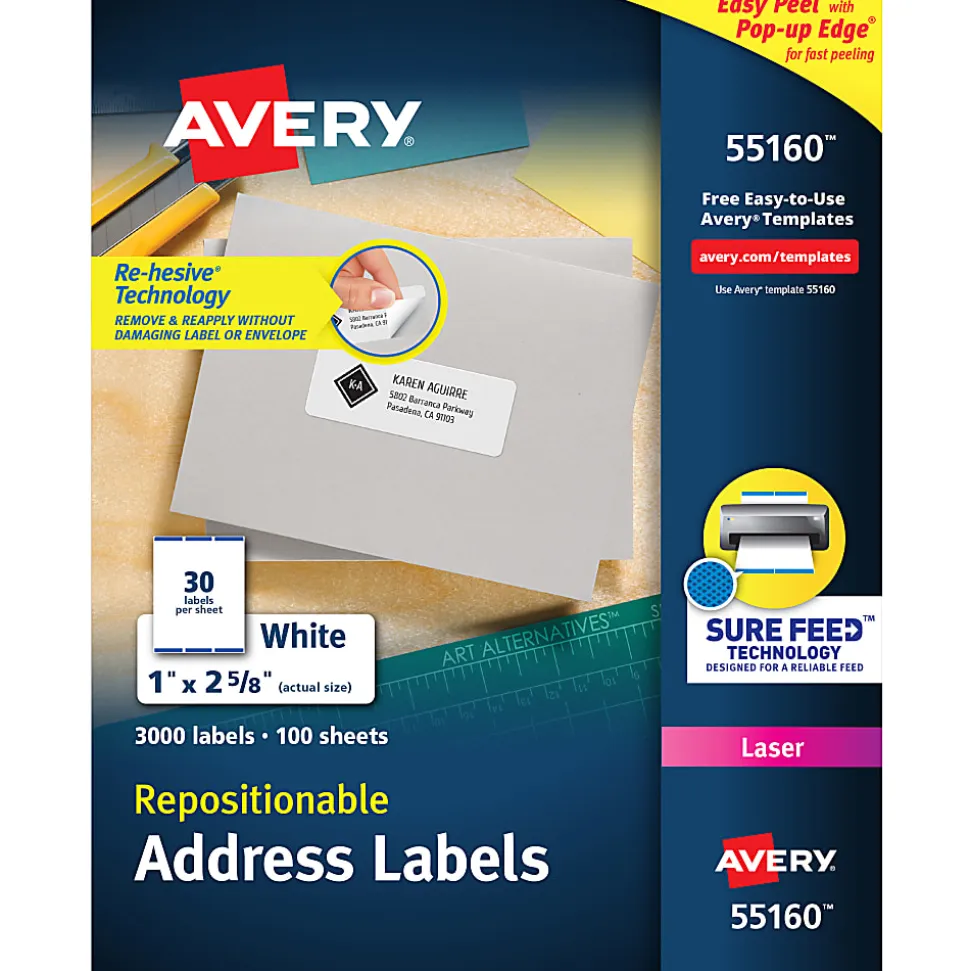 Avery® Repositionable Address Labels, 55160, Rectangle, 1" x 2-5/8", White, Pack Of 3,000