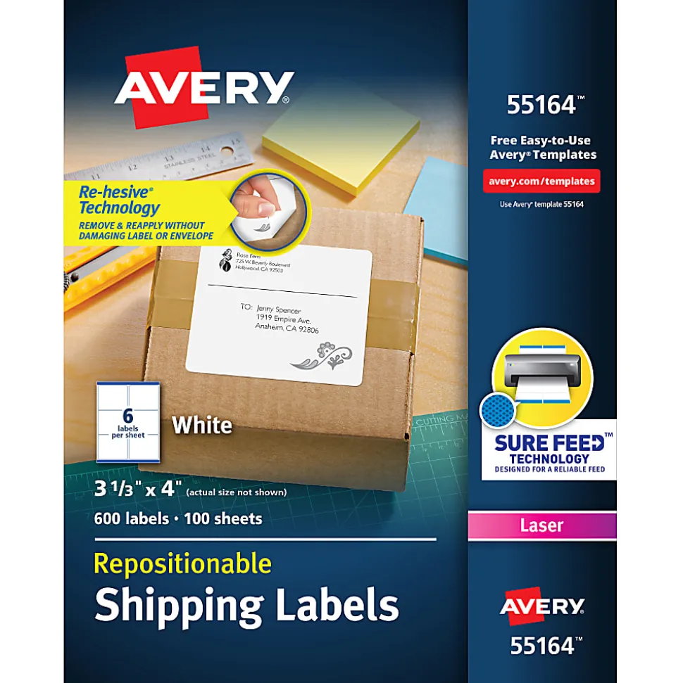 Avery® Repositionable Permanent Shipping Labels, 55164, 3 1/3" x 4", White, Box Of 600