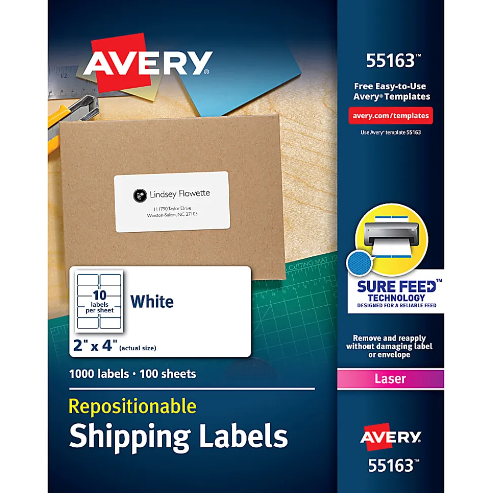 Avery® Repositionable Shipping Labels With Sure Feed® Technology, 55613, Rectangle, 2" x 4", White, Pack Of 1,000
