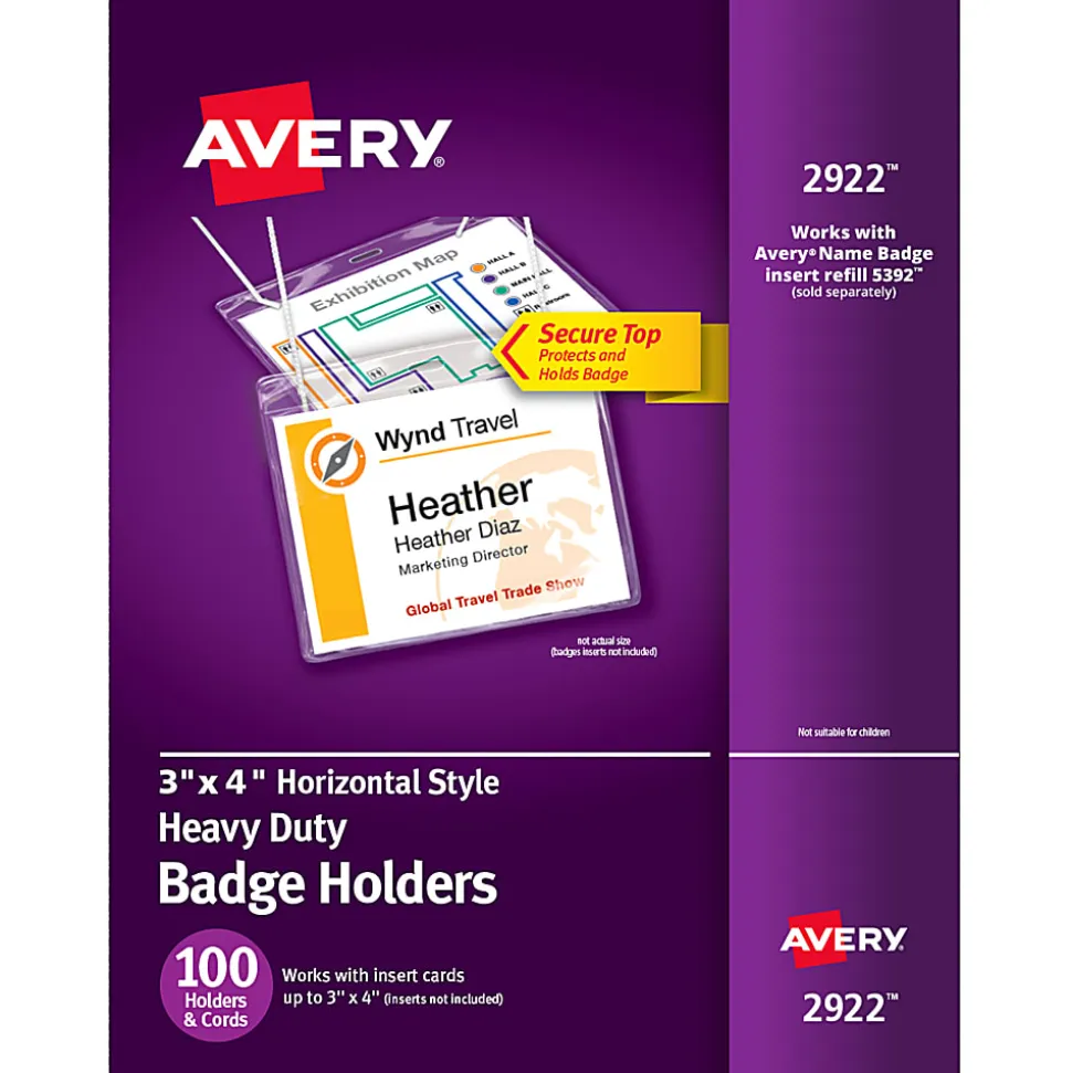 Avery® Secure Top Badge Holders, For 3" x 4" Badge, Landscape With Lanyard, Clear, Box Of 100