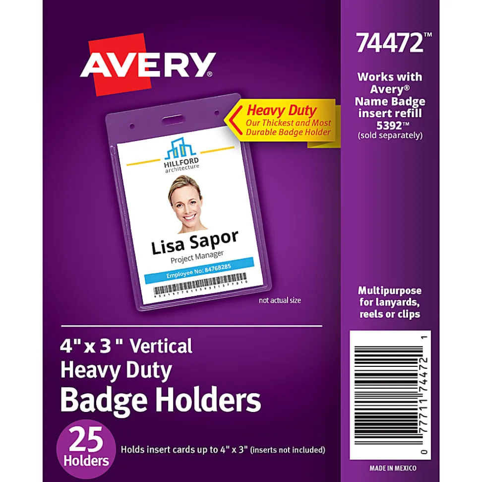 Avery® Secure Top Badge Holders, Vertical Prepunched, 4" x 3" Badge, Clear, Box Of 25