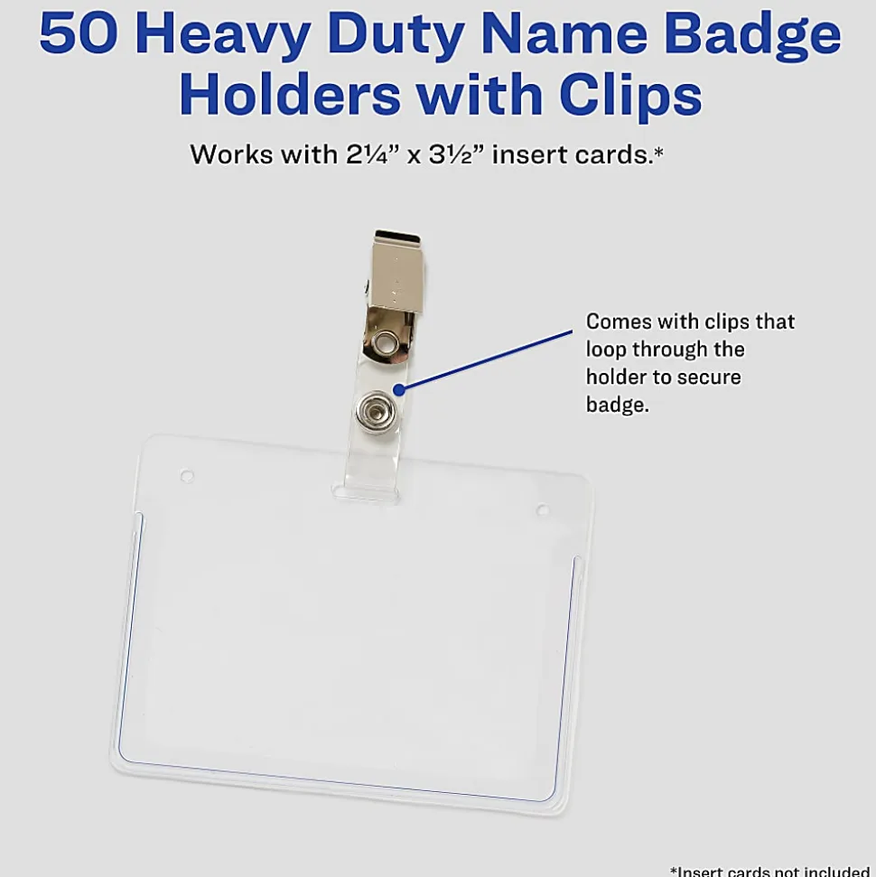 Avery® Secure Top Badge Holders, For 2 1/4" x 3 1/2" Badge, Landscape With Clip, Clear, Box Of 50
