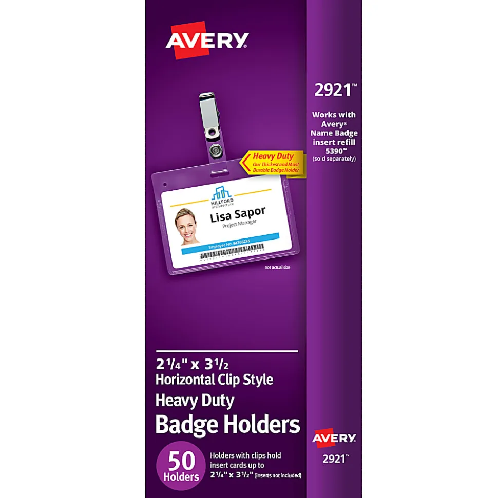 Avery® Secure Top Badge Holders, For 2 1/4" x 3 1/2" Badge, Landscape With Clip, Clear, Box Of 50