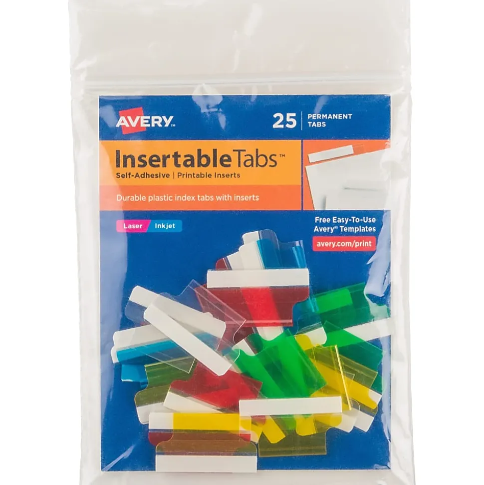 Avery® Self-Adhesive Index Tabs With Printable Inserts, 1", Assorted, Pack Of 25