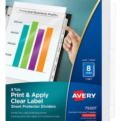 Avery® Sheet Protector Dividers For 3 Ring Binders With Easy Print, 8-1/2" x 11",  8 Tab, Clear With Customizable White Tabs, 1 Set - 75501