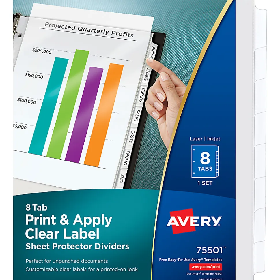 Avery® Sheet Protector Dividers For 3 Ring Binders With Easy Print, 8-1/2" x 11", 8 Tab, Clear With Customizable White Tabs, 1 Set - 75501