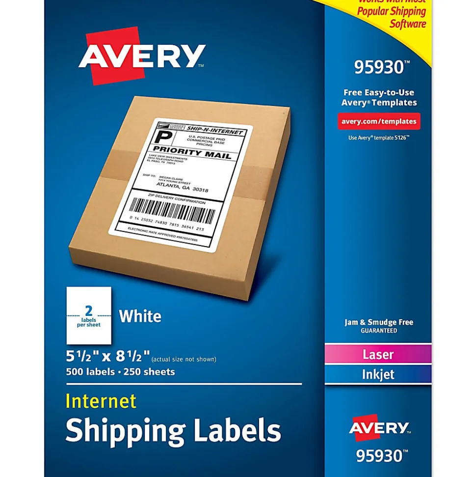 Avery® Shipping Address Labels, 95930, Rectangle, 5 1/2" x 8 1/2", White, Pack Of 500