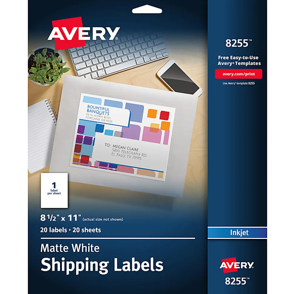 Avery® Shipping Labels, 8255, Rectangle, 8-1/2" x 11", White, Pack Of 20 Labels