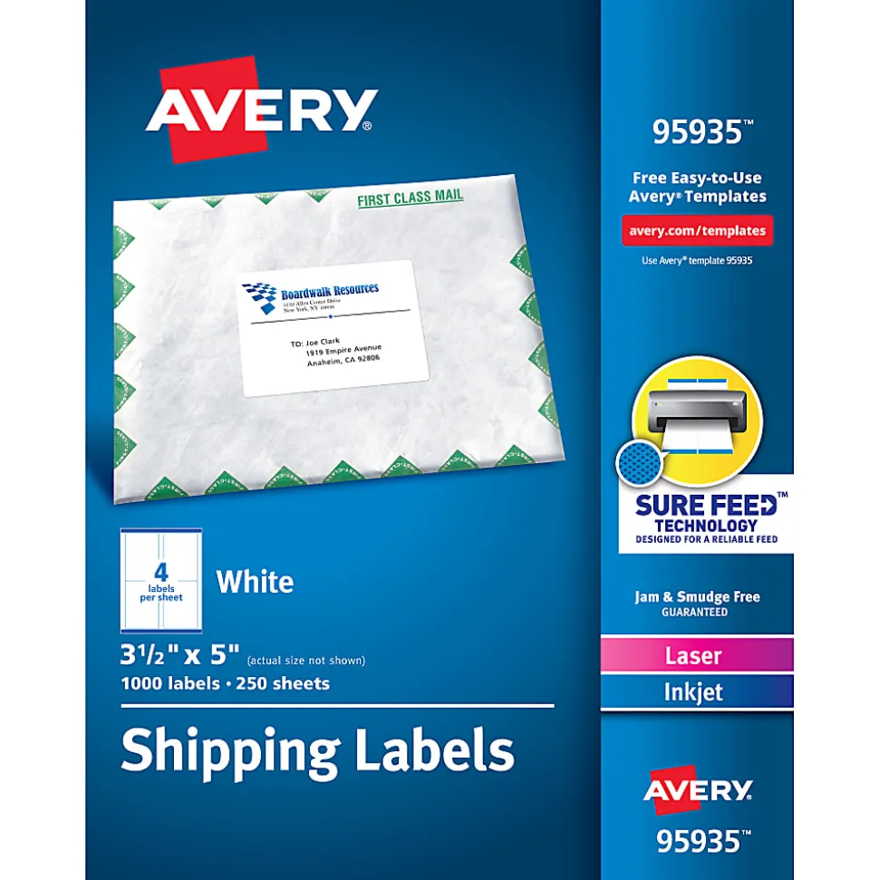 Avery® Shipping Labels, Sure Feed® Technology, Permanent Adhesive, 3-1/2” x 5”, 1,000 Labels (95935)