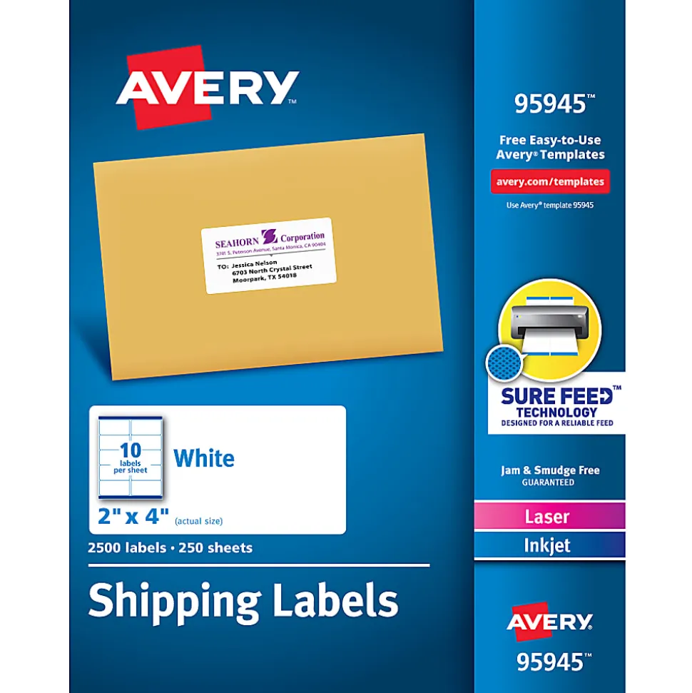 Avery® Shipping Labels With Sure Feed® Technology, 95945, Rectangle, 2" x 4", White, Pack Of 2,500 Labels