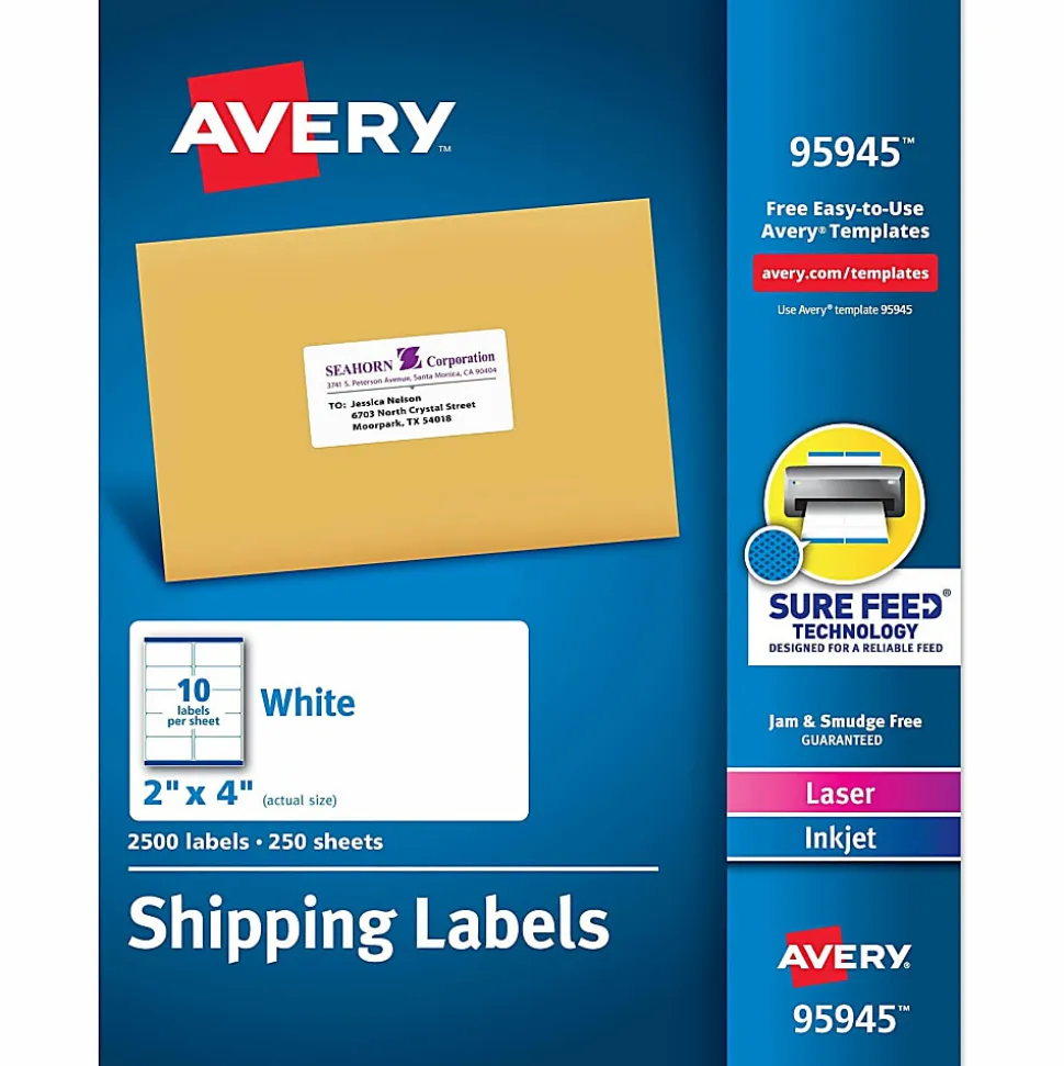 Avery® Shipping Labels With Sure Feed® Technology, 95945, Rectangle, 2" x 4", White, Pack Of 2,500 Labels