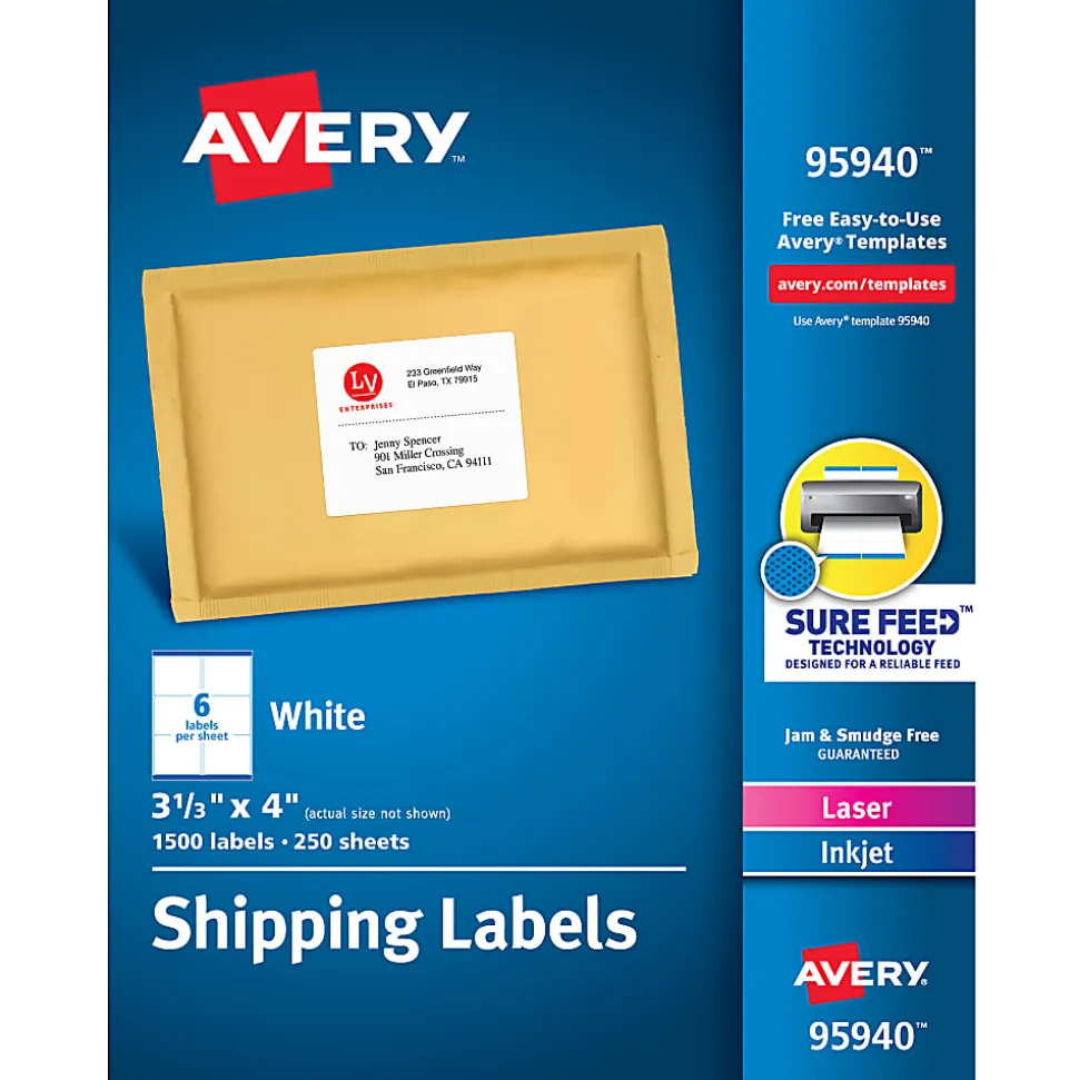 Avery® Shipping Labels With Sure Feed® Technology, 95940, Rectangle, 3-1/3" x 4", White, Pack Of 1,500 Labels