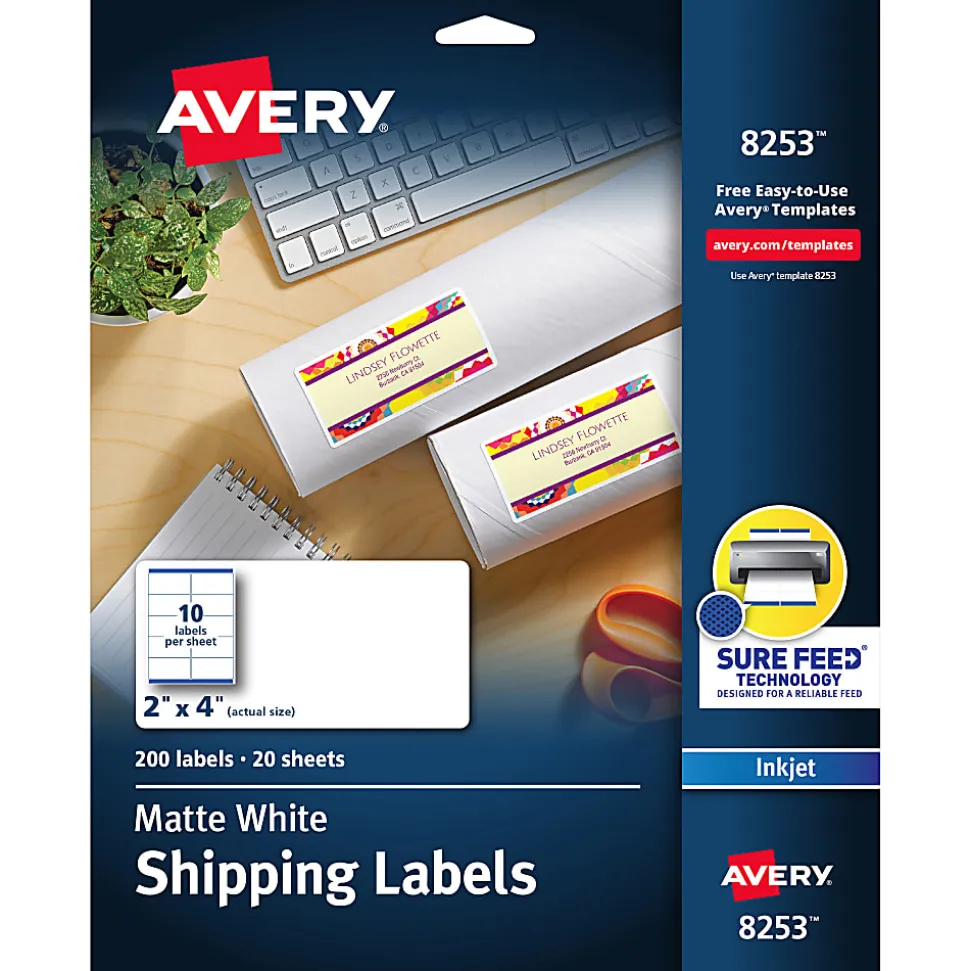 Avery® Shipping Labels With Sure Feed® Technology, 8253, Rectangle, 2" x 4", White, Pack Of 200 Labels