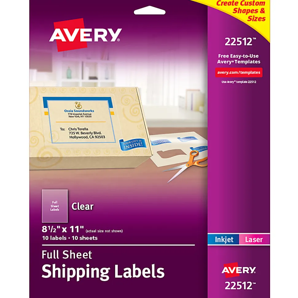 Avery® Shipping Labels, 22512, 8-1/2" x 11“, Matte Clear, 1 Label Per Sheet, Pack Of 10 Sheets