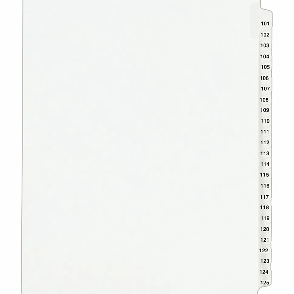 Avery Standard Unpunched Preprinted Reinforced Tab Dividers, 8.5" x11", 20% Post-Consumer Material, White, Tabs Printed 101-125, Pack of 25