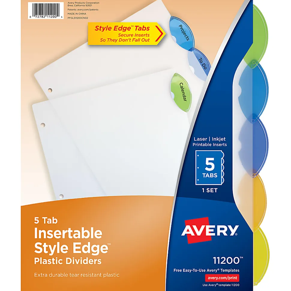 Avery® Style Edge™ Insertable Plastic Dividers, Multicolor, 5-Tab, Pack Of 5 Dividers