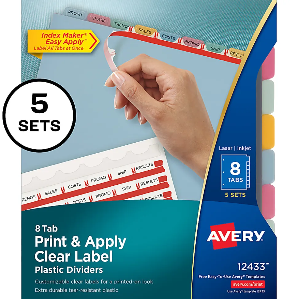 Avery® 8 Tab Plastic Dividers For 3 Ring Binder, Easy Print & Apply Clear Label Strip, Index Maker® Customizable, Multicolor Tabs, Pack Of 5 Sets