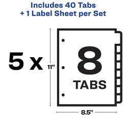 Avery® 8 Tab Plastic Dividers For 3 Ring Binder, Easy Print & Apply Clear Label Strip, Index Maker® Customizable, Frosted White, Pack Of 5 Sets