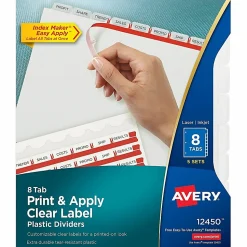 Avery® 8 Tab Plastic Dividers For 3 Ring Binder, Easy Print & Apply Clear Label Strip, Index Maker® Customizable, Frosted White, Pack Of 5 Sets