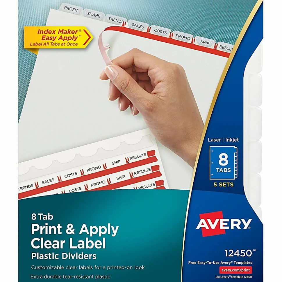 Avery® 8 Tab Plastic Dividers For 3 Ring Binder, Easy Print & Apply Clear Label Strip, Index Maker® Customizable, Frosted White, Pack Of 5 Sets
