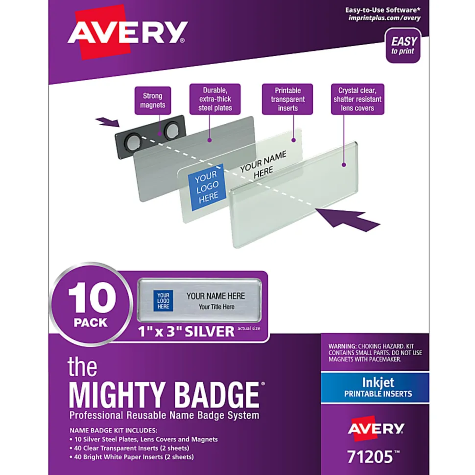 Avery® The Mighty Badge Magnetic Badges For Inkjet Printers, 1" x 3", Silver, Pack Of 10 Badges