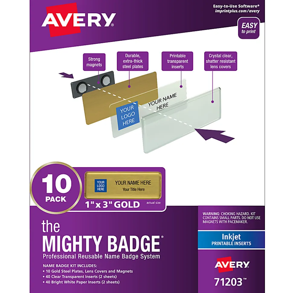Avery® The Mighty Badge Magnetic Badges For Inkjet Printers, 1" x 3", Gold, Pack Of 10 Badges
