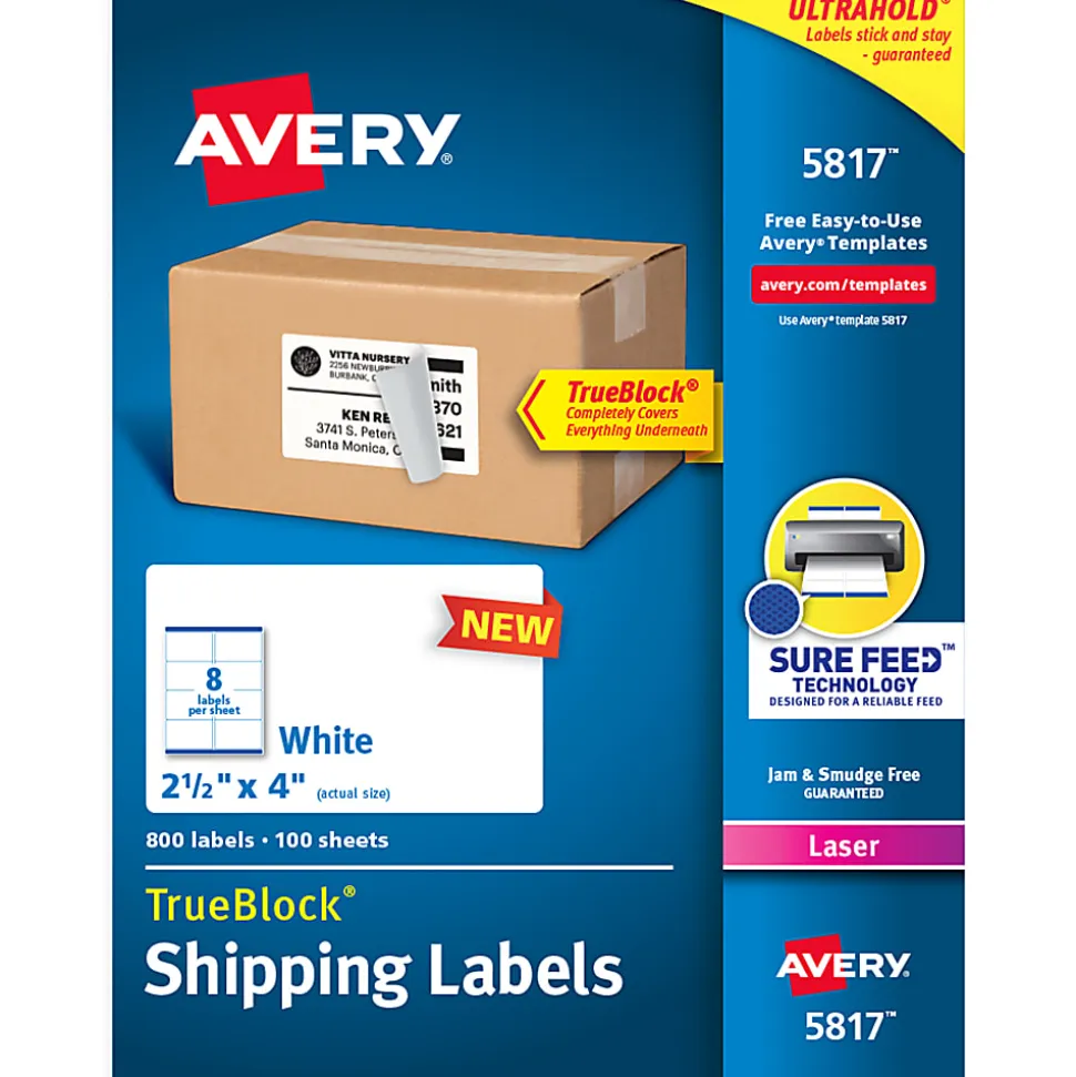 Avery® TrueBlock® Shipping Labels With Sure Feed® Technology, 5817, Rectangle, 2.5" x 4", White, Pack Of 800