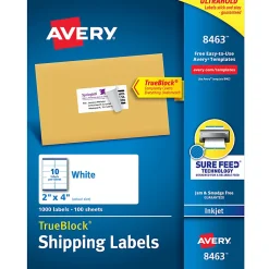 Avery® TrueBlock® Shipping Labels With Sure Feed® Technology, 8463, Rectangle, 2" x 4", White, Pack Of 1,000