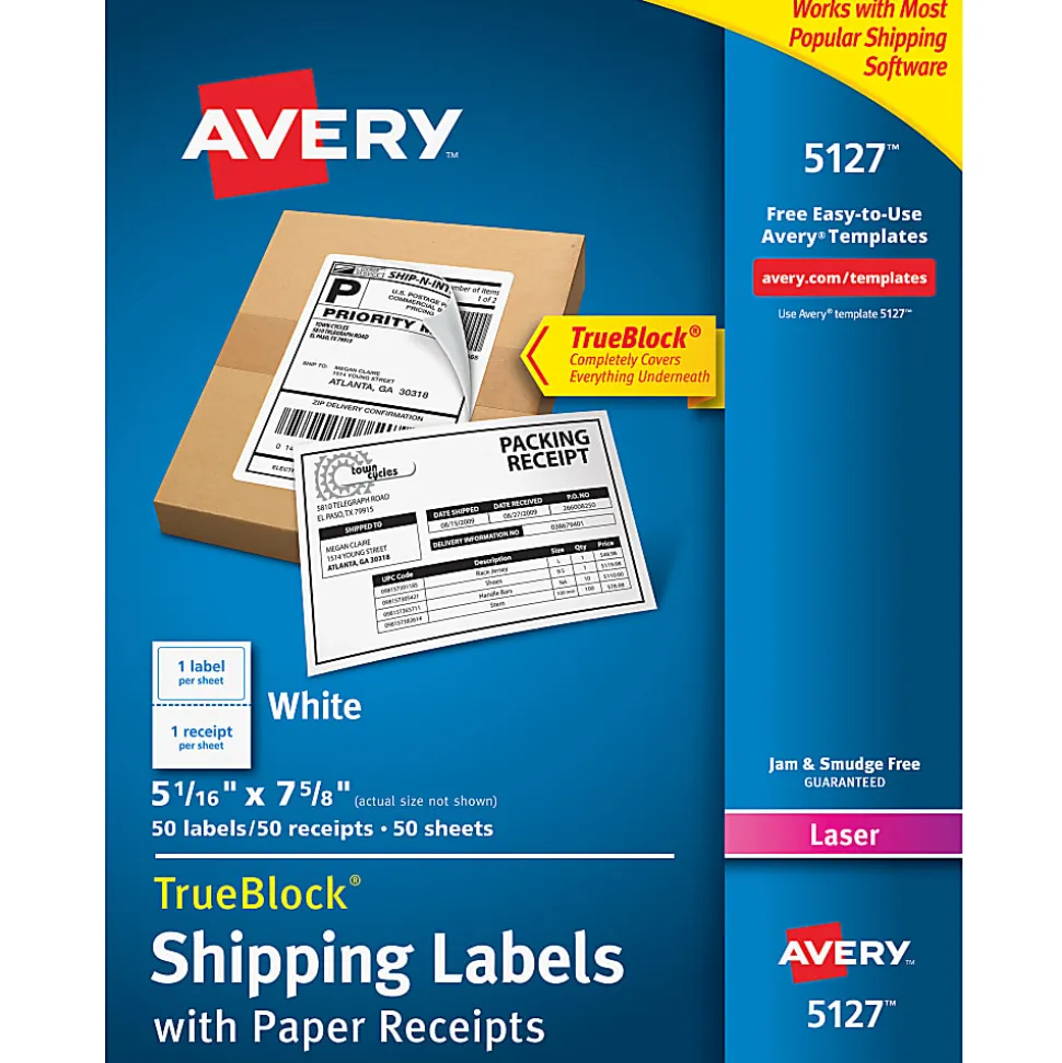 Avery® TrueBlock® White Laser Shipping Labels, With Paper Receipt, 5127, 5 1/16" x 7 5/8", Pack Of 50