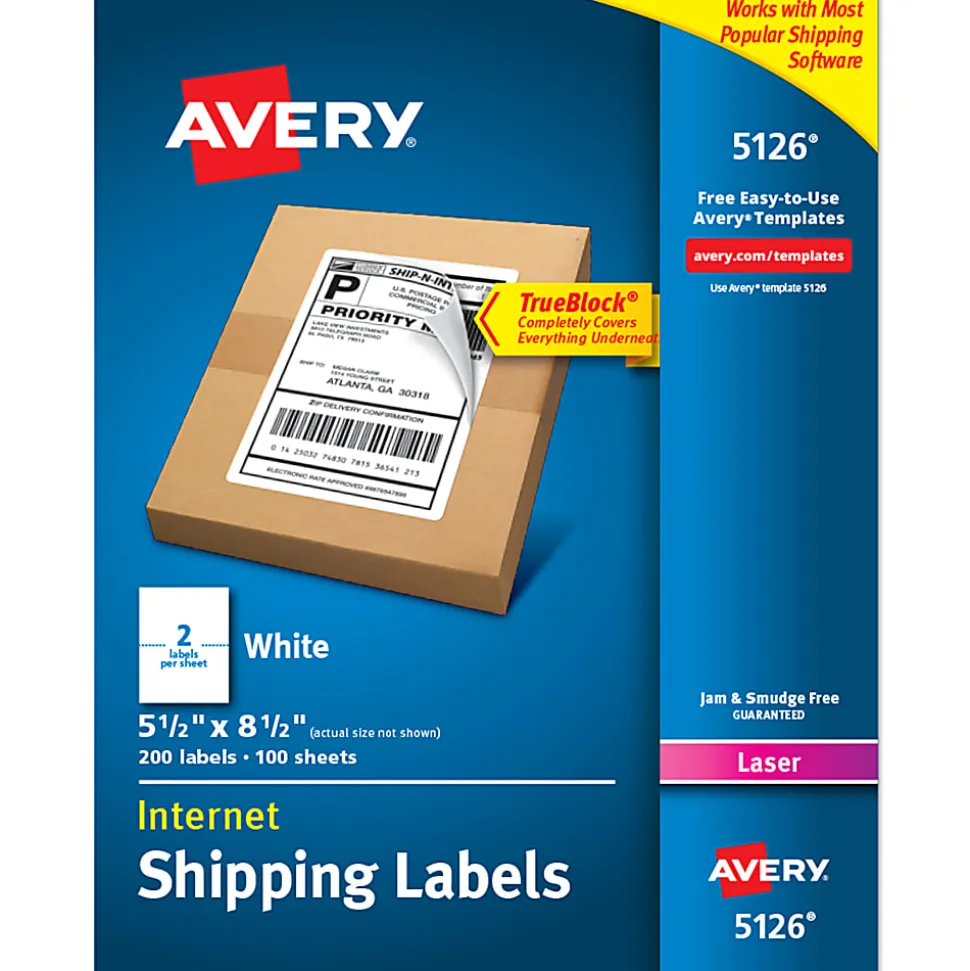 Avery® TrueBlock® White Laser Shipping Labels, Internet, 5126, 5 1/2" x 8 1/2", Pack Of 200