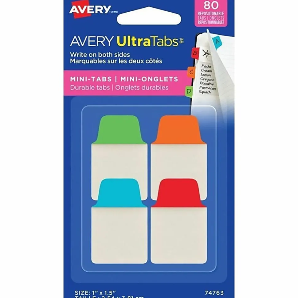 Avery® UltraTabs Repositionable Mini Tabs - Write-on Tab(s) - 1.50" Tab Height x 1" Tab Width - Assorted Tab(s) - 80 / Pack