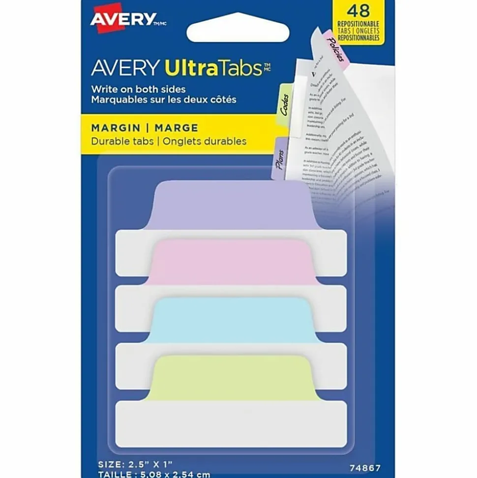 Avery® UltraTabs Repositionable Margin Tabs - Write-on Tab(s) - 1" Tab Height x 2.50" Tab Width - Assorted Pastel Tab(s) - 48 / Pack