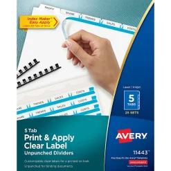Avery® Unpunched Customizable Dividers For Use With Any Binding System, 5 Tab, White, 25 Sets - 11443