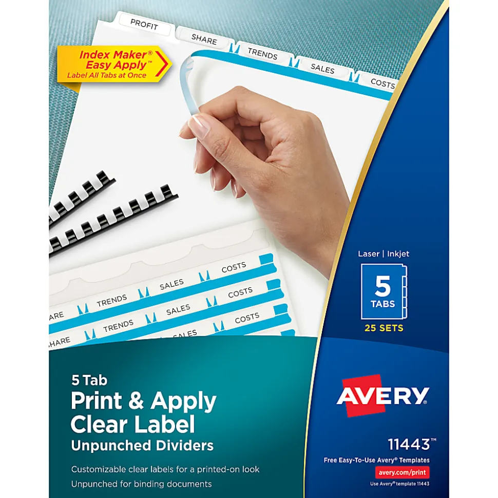 Avery® Unpunched Customizable Dividers For Use With Any Binding System, 5 Tab, White, 25 Sets - 11443