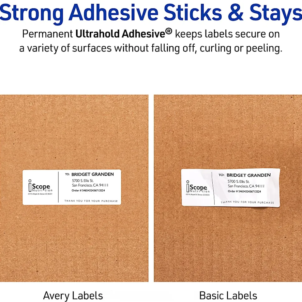 Avery® Waterproof Labels With Ultrahold®, 05524, Rectanlge, 3-1/3" x 4", White, 300 Labels For Laser Printers