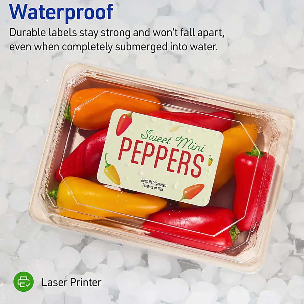 Avery® Waterproof Labels With Ultrahold®, 05524, Rectanlge, 3-1/3" x 4", White, 300 Labels For Laser Printers