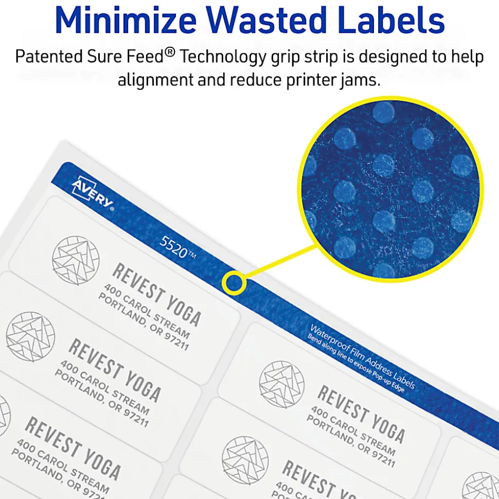 Avery® Waterproof Labels With Ultrahold®, 05524, Rectanlge, 3-1/3" x 4", White, 300 Labels For Laser Printers