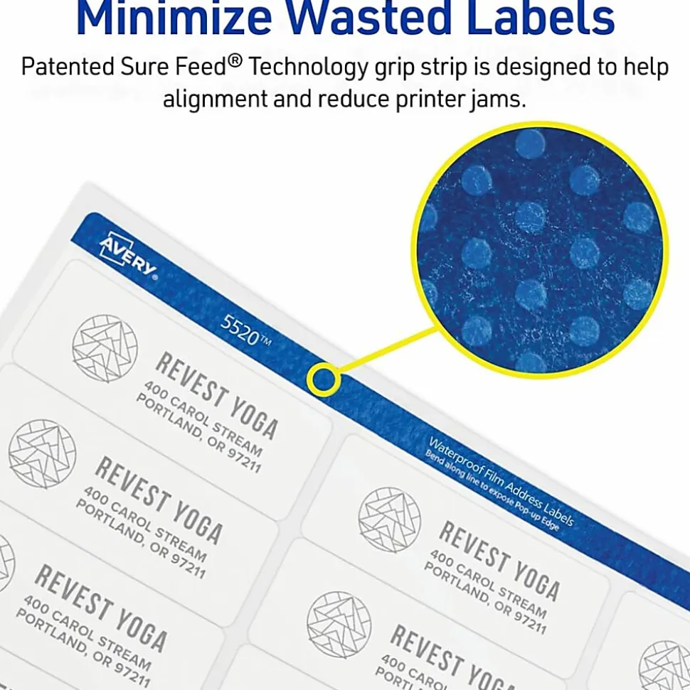 Avery® WeatherProof Mailing Labels with TrueBlock Technology, AVE5522, Permanent Adhesive, White, Polyester, 14 Per Sheet, Pack Of 700