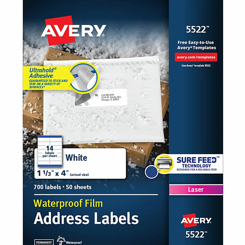 Avery® WeatherProof Mailing Labels with TrueBlock Technology, AVE5522, Permanent Adhesive, White, Polyester, 14 Per Sheet, Pack Of 700