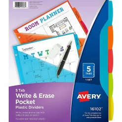 Avery® Write & Erase Durable Plastic Dividers With Pockets, 8-1/2" x 11", Multicolor, Pack Of 5 Dividers