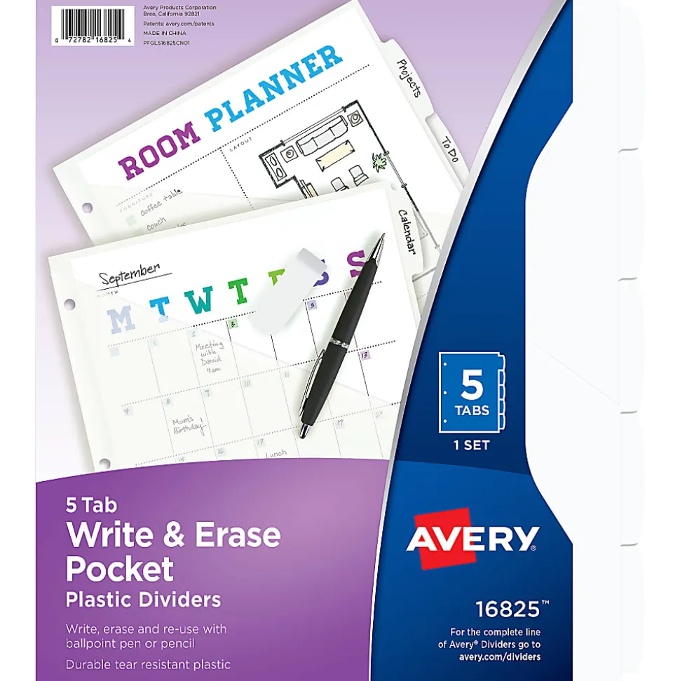 Avery® Write & Erase Durable Plastic Divider With Pocket, 5 Tabs, 9 1/4" x 11 1/4", White